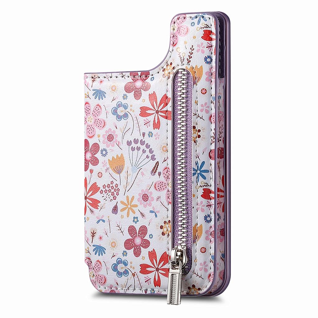 1Pc Flower Painted Phone Case Card Holder With PU Leather Back Sticker Card Bag Portable Adhesive Universal Zipper Wallet Deskto