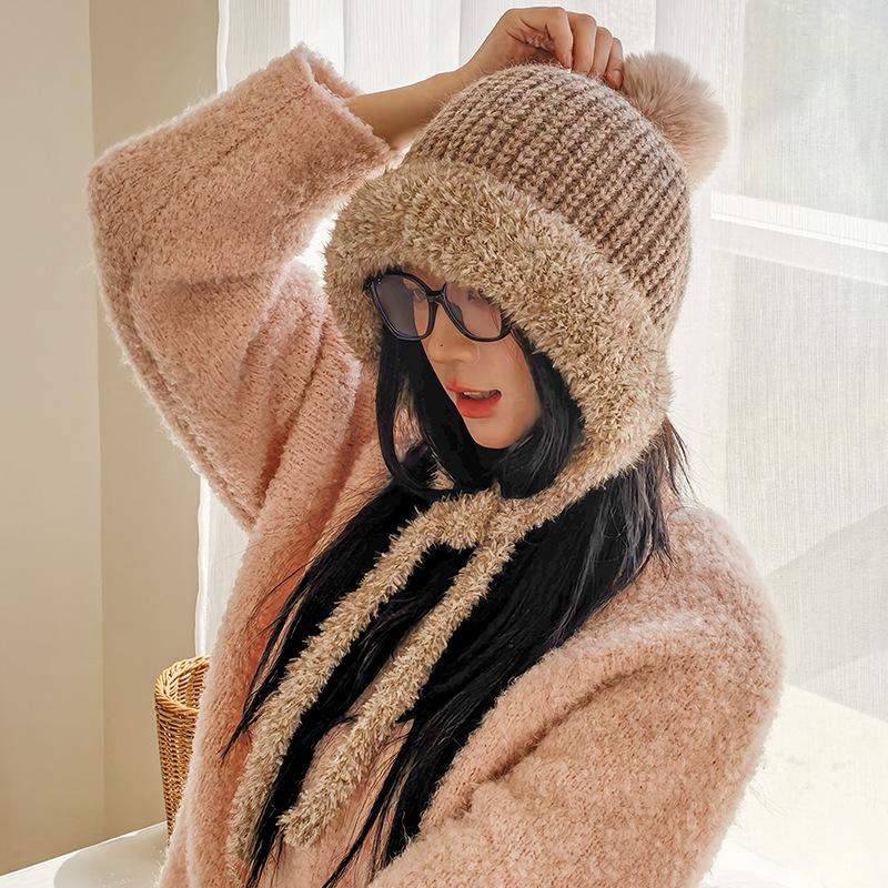 Little Bear Plush Knitted Cap for Women  Cute and Warm Japanese Style Ear Protecting Woolen Cap for Autumn and Winter Outdoor Cycling Cold Proof Cap