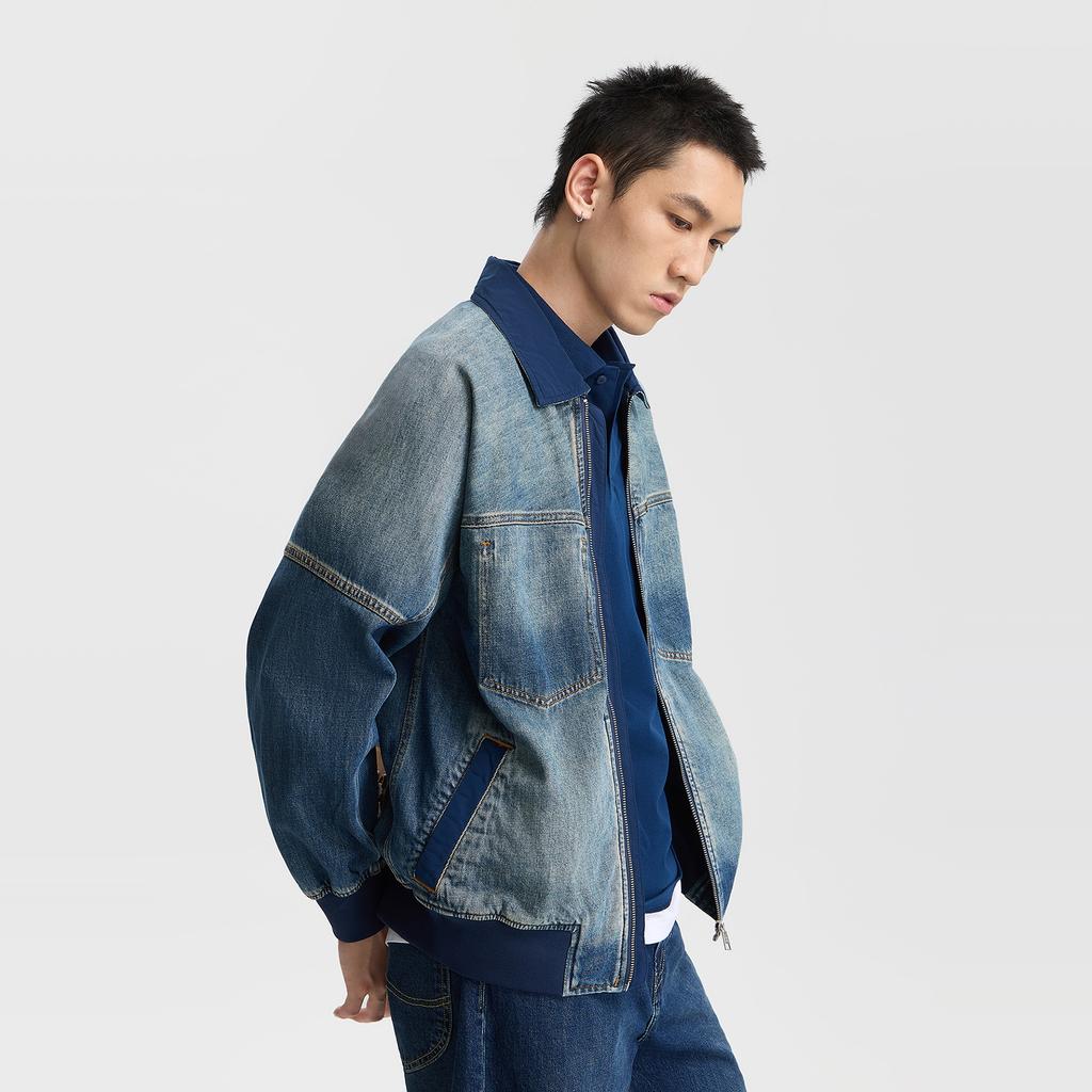 Bequeme Revers Patchwork-Stoff Regulär Langarm Locker Denimjacke Herrenjacken LMT011102209189A09346