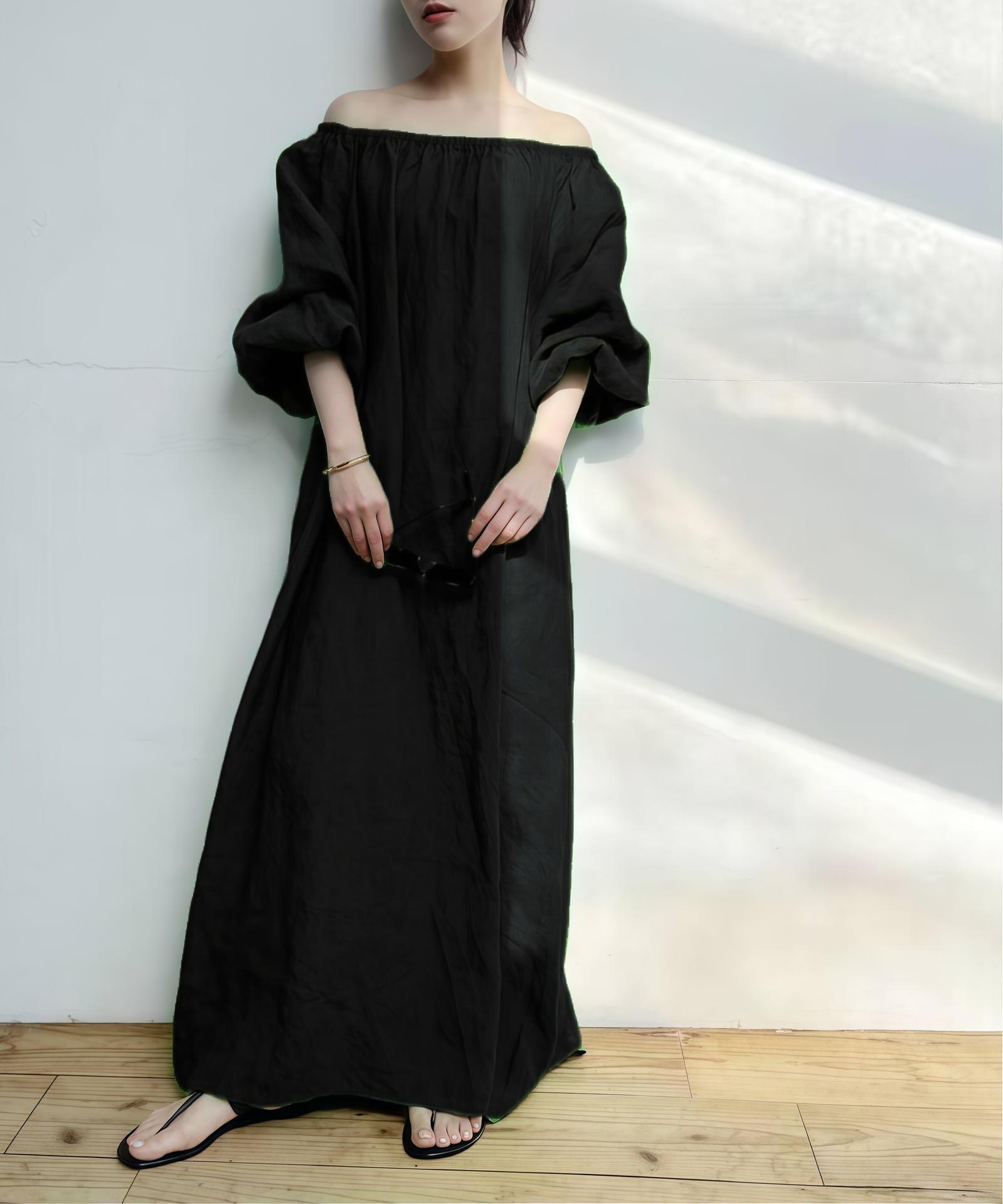 

Women s Off Shoulder Flowy Long Dress with Puff Sleeves in Green and Black 5XL чорний