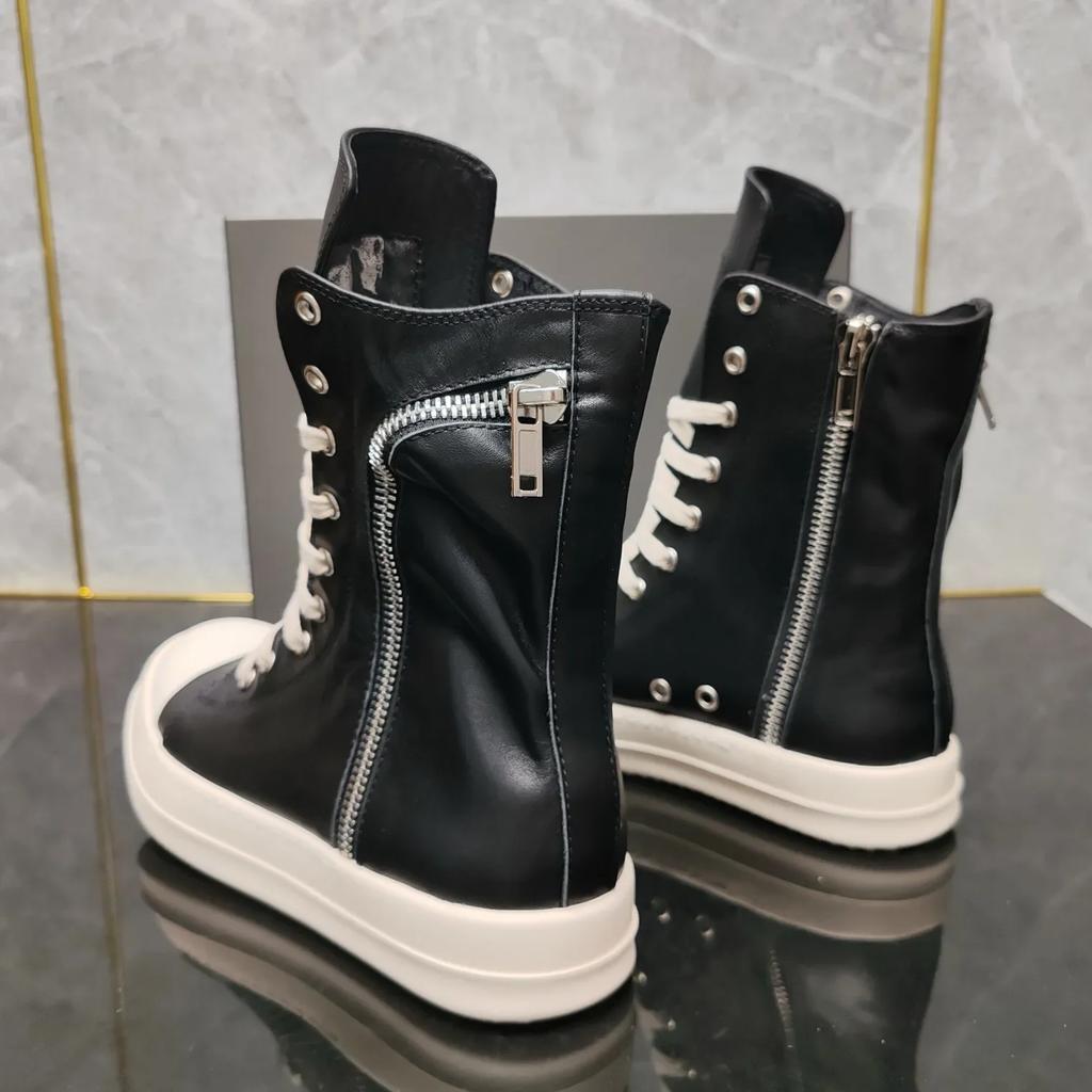 Top Quality Thick Bottom Black Cowhide Pocket High-top  with Zipper Fashion Men's Shoes Women's Shoes  Harajuku Style.