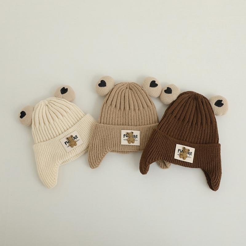 Autumn Warm Baby Knit Hat Cartoon Bear Ear Protections Benaie Cap Soft Knitted Hat Gift for Toddlers Boys and Girls