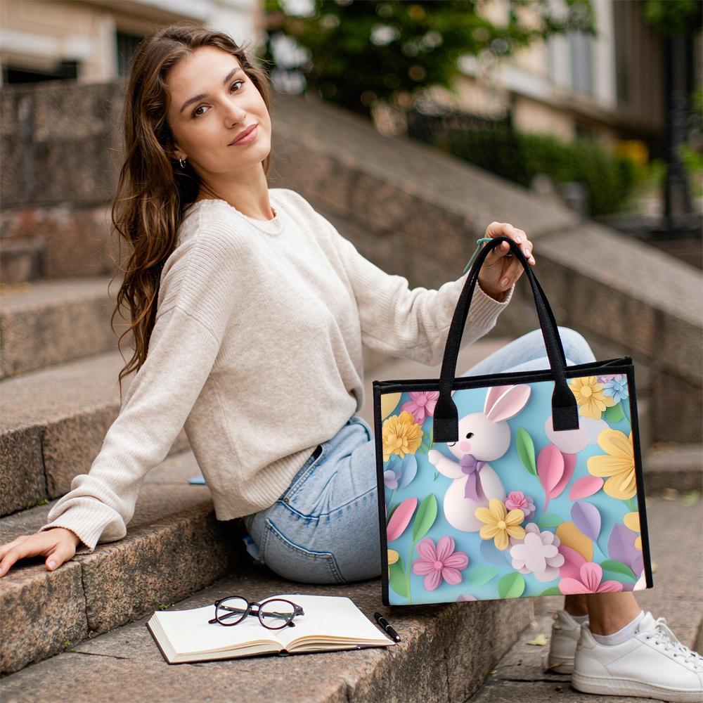 Cute Rabbit Floral Pattern Tote Bag Casual Reusable Daily Shopping Handbag