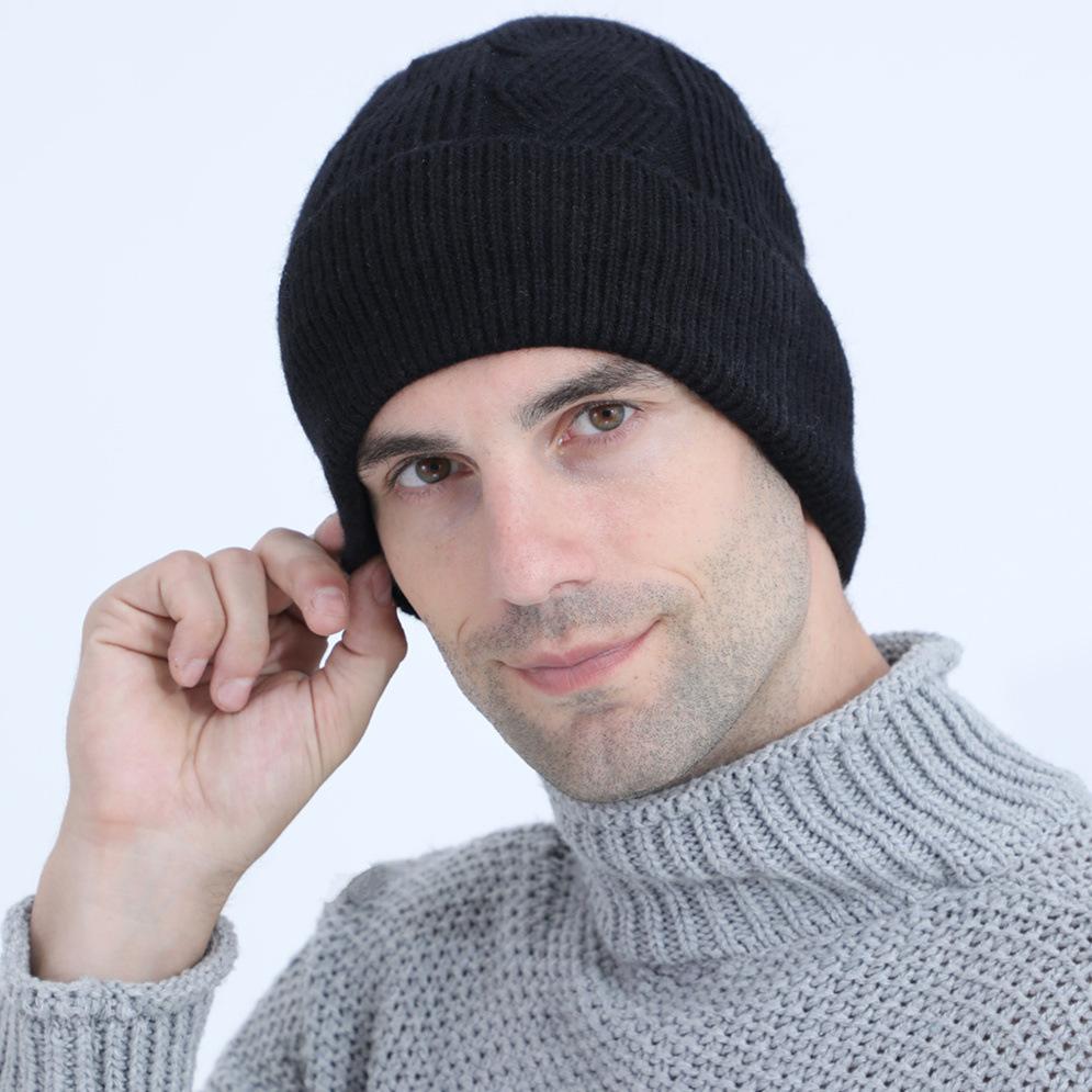 New Autumn and Winter Men's Cable Knitted Woolen Hat with Velvet and Thickened Knitted Warm Cycling Ear Protection and Cold Proof Pullover Hat