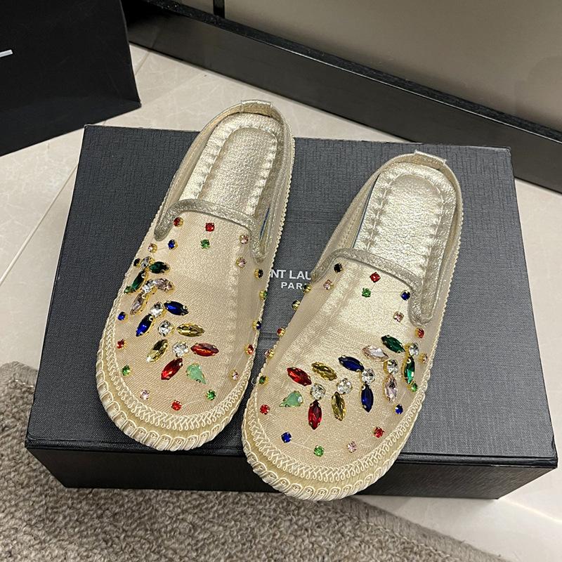 Mesh Bag Head Flat Bottom Sandals Women Wear New Colored Diamonds Embroidery Without Heel Lazy Half Drag Fisherman Shoes In Summer
