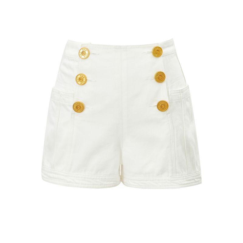

Blacknini Yin Huafu/ Luxury White Cow French Balm * in Same Source Double Row Gold Buckle White Denim Shorts White(In stock) XS