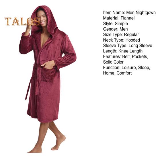Herren-Nachthemd mit Kapuze, langen Ärmeln, Gürtel, Flanell-Bademantel mit Taschen, einfarbig, schnelltrocknender Stoff, knielang, Loungewear-Robe