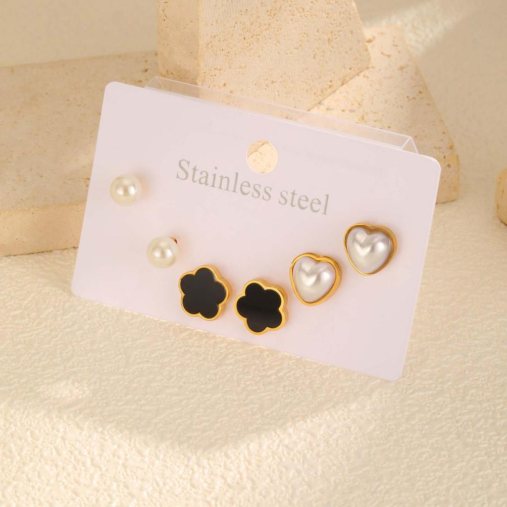 Dreiteiliges Set Ohrstecker für Damen, Hohl, Schleife, Blume, Herz, Edelstahl, Ohrstecker-Set, Großhandel Schmuck Geschenk