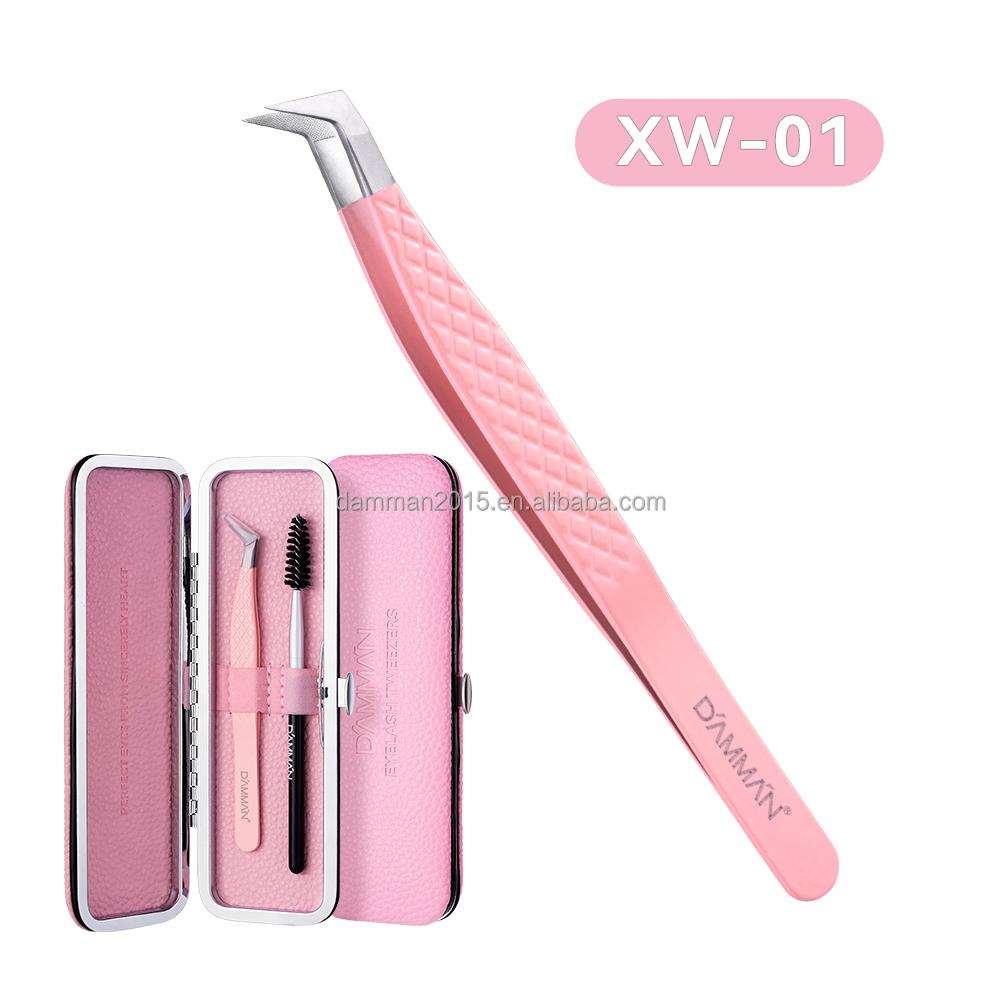 Free Ship DAMMAN Eyelash Tweezers Kit 1 Pieces and 1 Pieces Box High Precision Pink Lash Eyelash Extension Tweezers Volume&1 Tweezer + 1 Tweezer Box