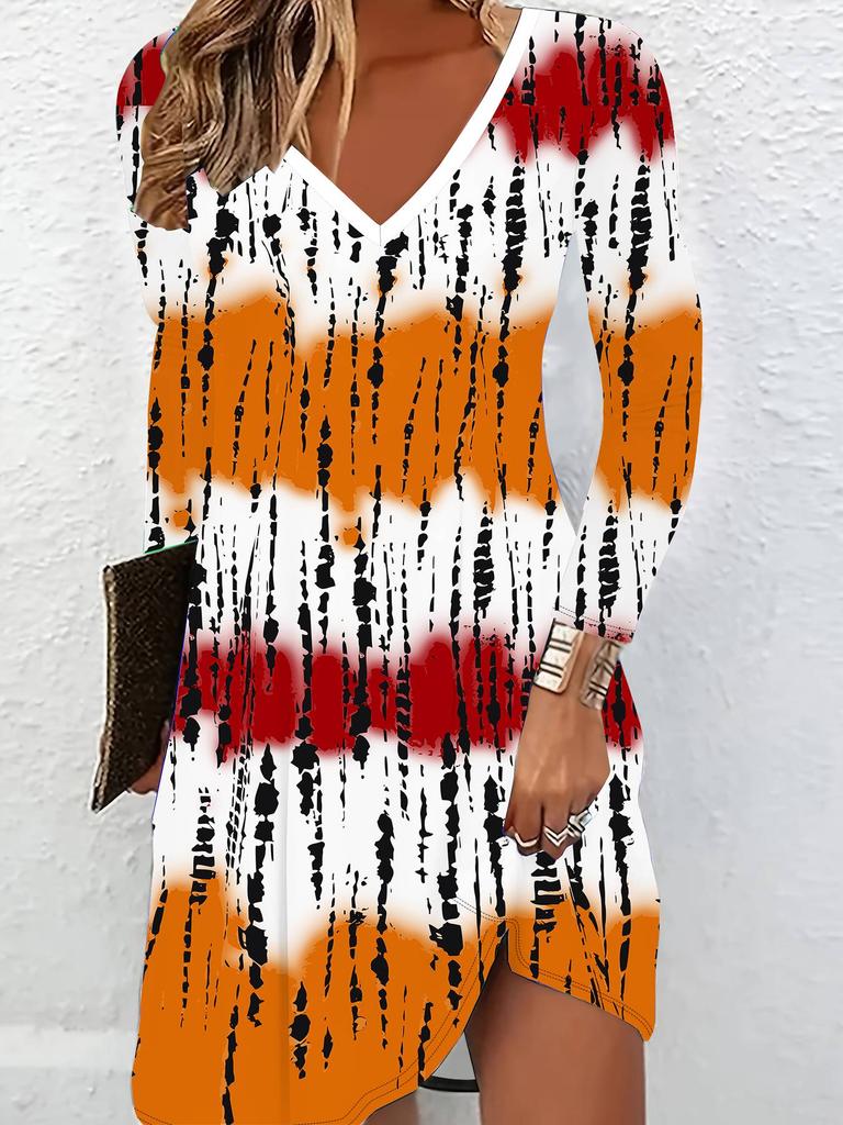 3D Retro-Muster bedrucktes Langarmkleid Exklusives Trendstück für Damen im Herbst & Winter