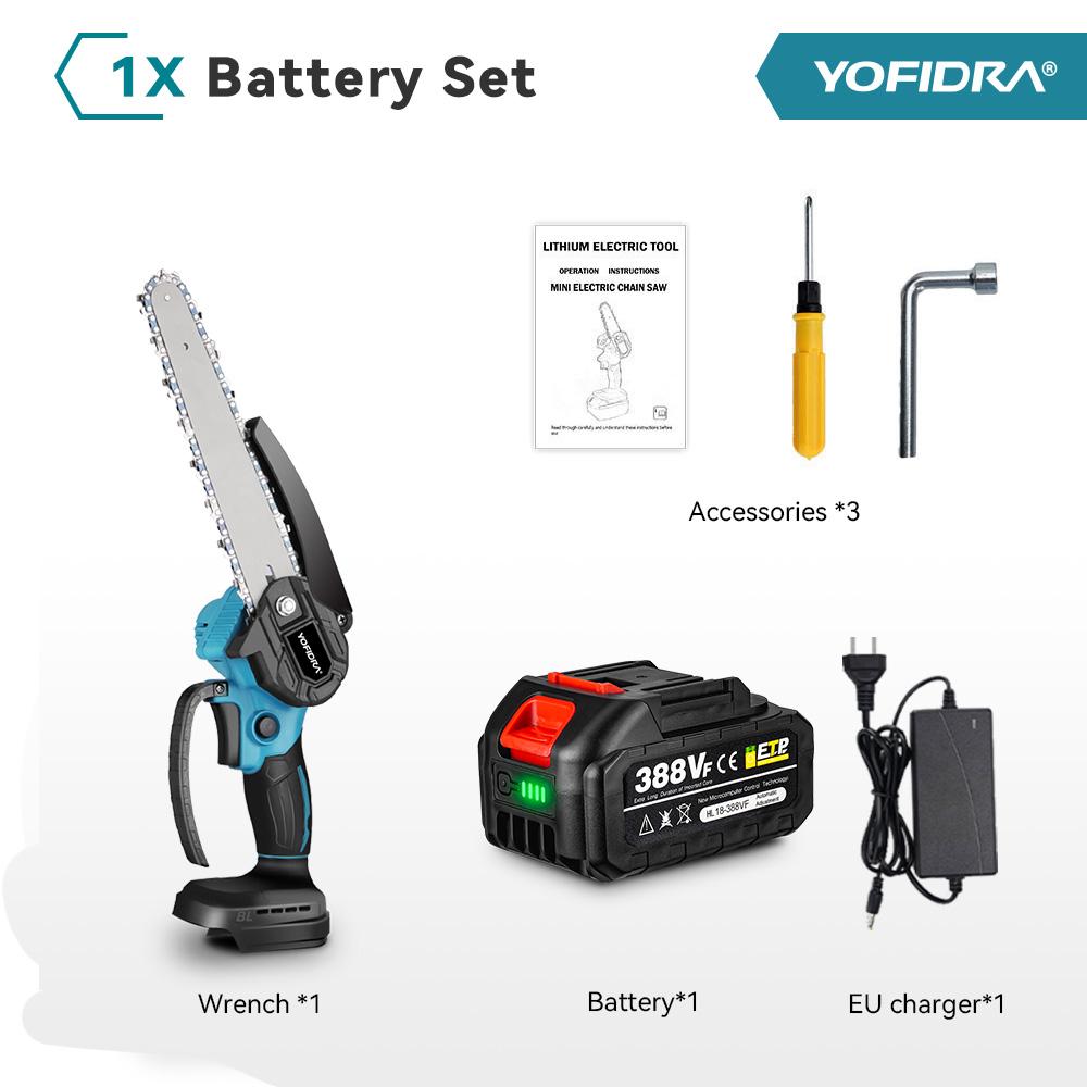 

YOFIDRA Бесщеточная цепная пила 8 дюймов Ручная аккумуляторная пила для обрезки Перезаряжаемый инструмент для обрезки дерева Для аккумулятора Makita 18 В Штифтовое крепление 1 Battery Set