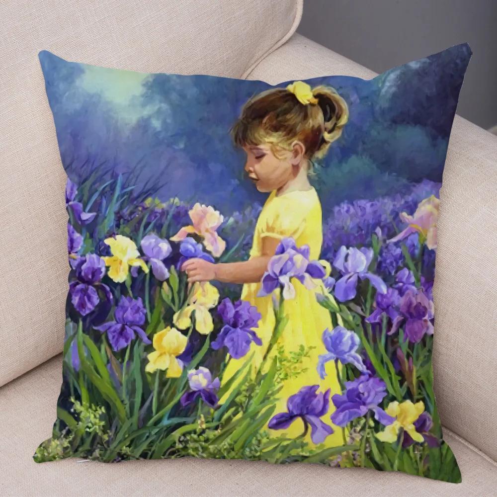 Cute Cartoon Children Cushion Cover Decor Harajuku Oil Painting Lady Pillowcase for Sofa Home Soft Plush Throw Pillow Case