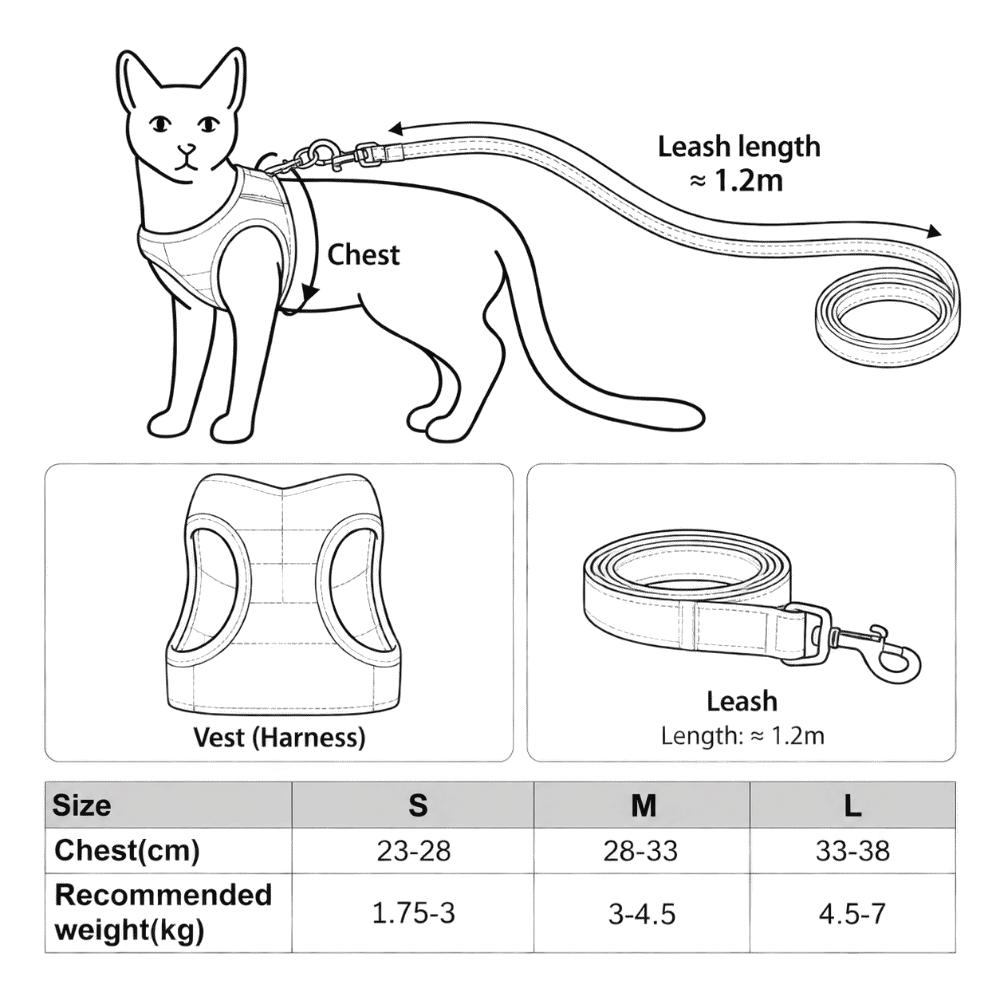 Soft Escape Proof Cat Harness Adjustable Lightweight Cat Leash Kitten Collar Outdoor Walking