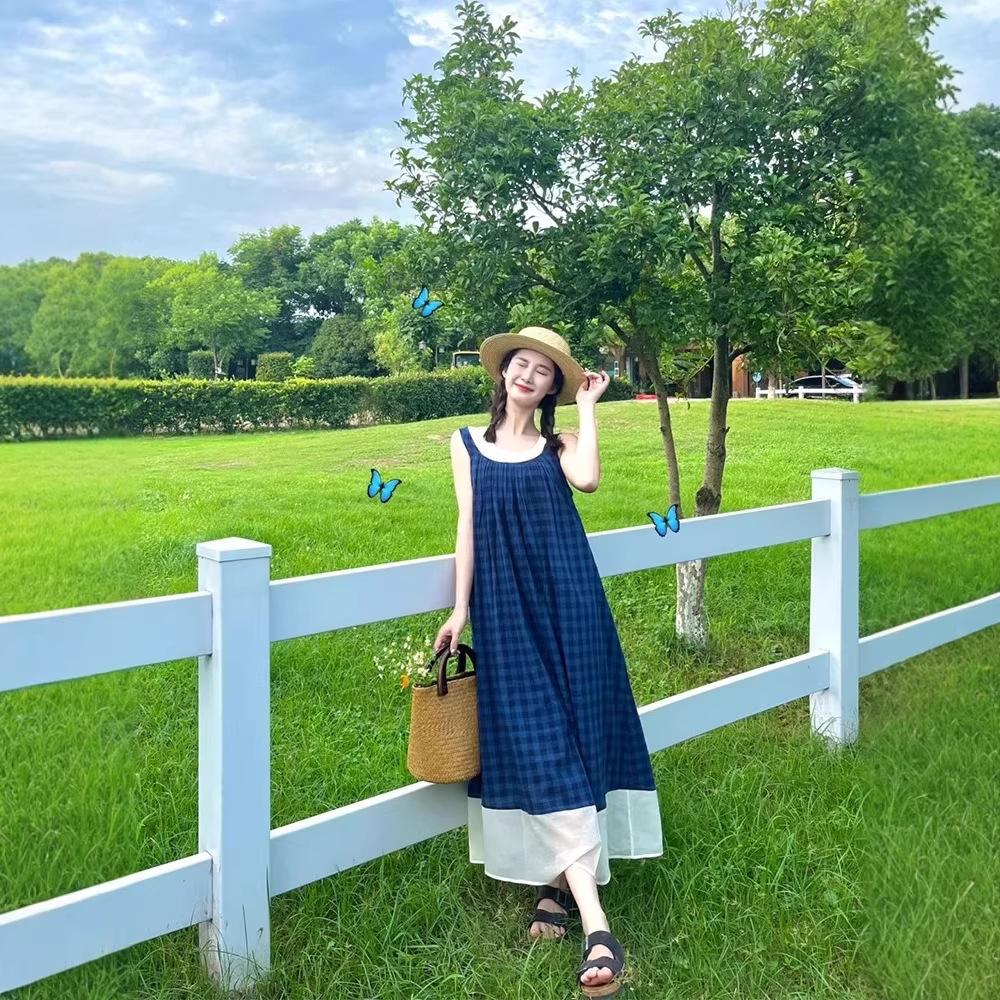 Blue Plaid Summer Sleeveless Dress French Literary Style Mori Retro Small Fresh Holiday Suspender Vest Long Dress
