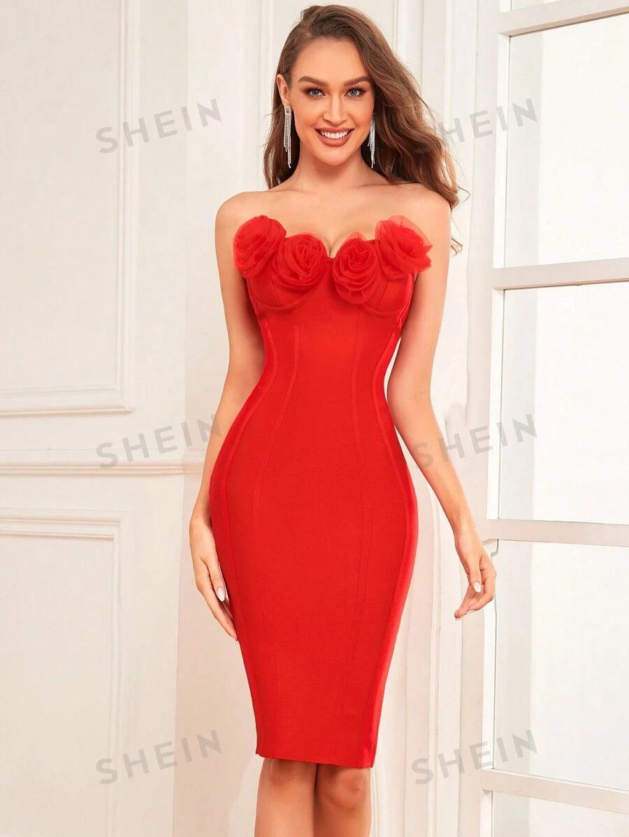 

2024 Красное платье-труба с цветочным принтом и облегающим бандажом для вечерних и свадебных мероприятий Small красный