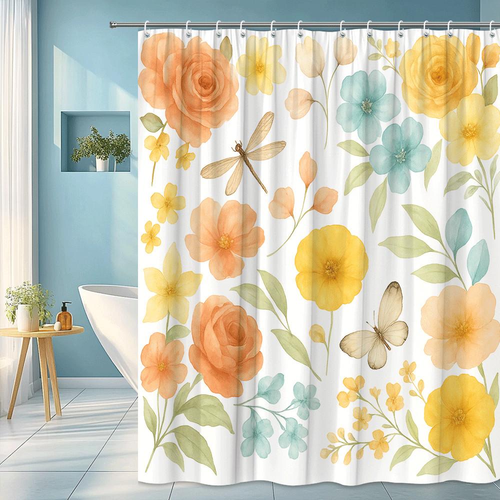 

Watercolor Floral Shower Curtain Yellow Peach And Blue Flowers Dragonfly Butterfly Garden Style Decor Waterproof Elevate Space W60H190(CM)-1 Pcs