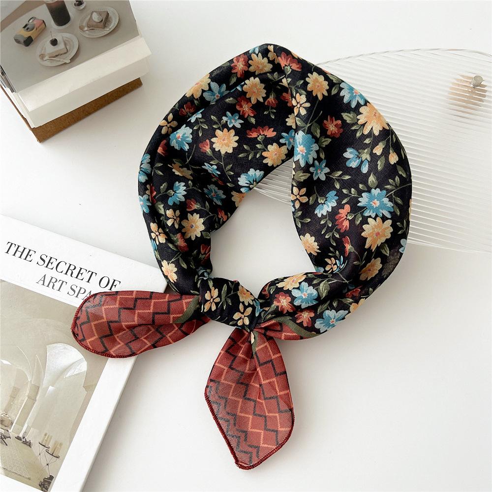 55cm Girls Cotton Linen Spring Square Scarf for Women Chic Headband Fashion Decorative Hairband Floral Neck Scarf