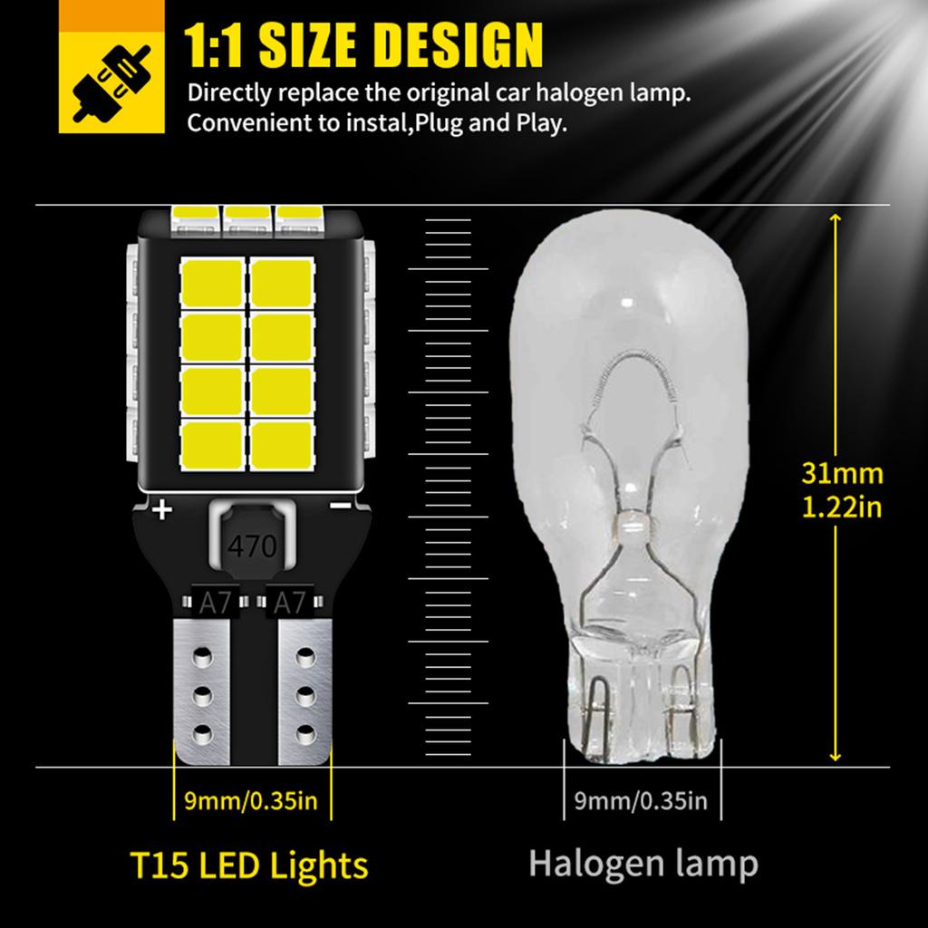 2PCS Canbus T15 W16W LED Car Reverse Back up Lights Lamps 912 921 916 917 920 922 DRL Lights 12V 6000K Super Bright White Bulbs
