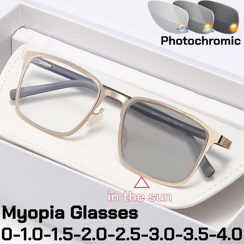 Men's Business Photochromic Myopia Glasses ultralight square frame anti blue light color changing near sight eyeglasses -2.25