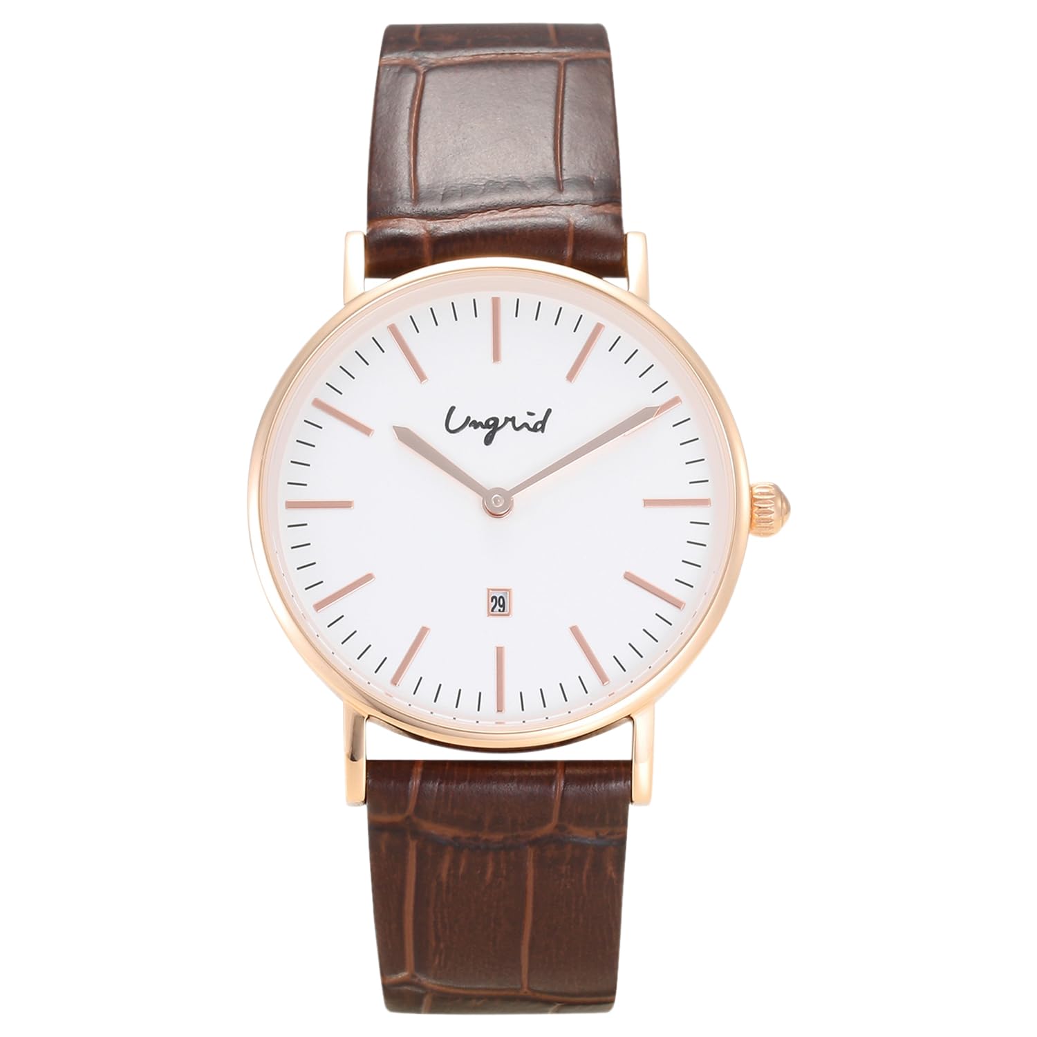 

[Ungrid] Watch UNG-21750T Women s Ungrid Basic Round Stainless Steel Analog Display Genuine Leather Brown (Croc)