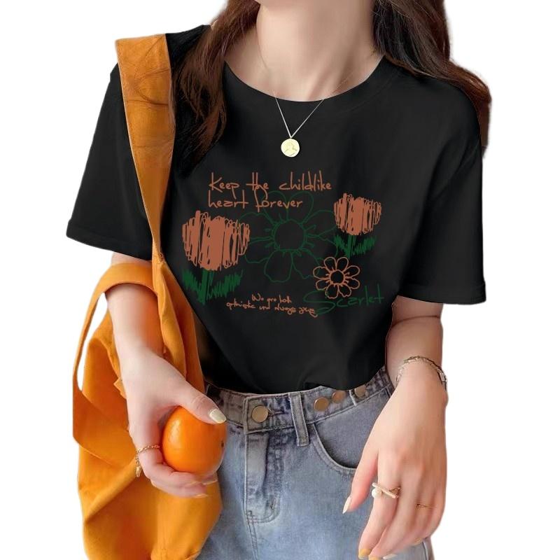 American Vintage Short Sleeve Pure Cotton T-Shirt 2026 New Women's Summer Loose Plus Size Trendy Printed Casual Round Neck Top