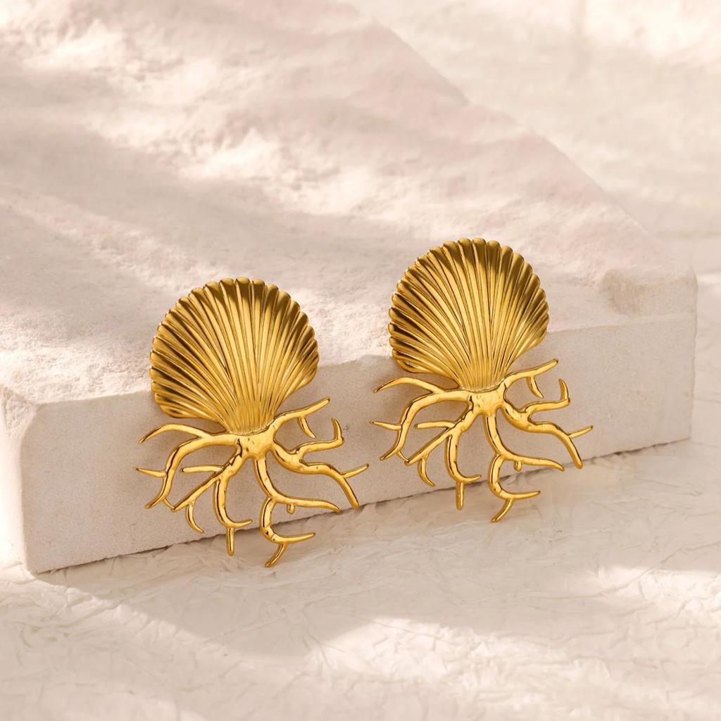 Exaggerated Shell Earrings For Women Gold Color Stainless Steel Shell Earring Summer Ocean Jewelry Gift BFF