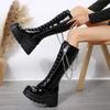 Fashion Winter High Heels Chain Chelsea Boots Platform Knee High Women Luxury Shoes Fashion New Trend Lace Up Wedges Zipper Boots