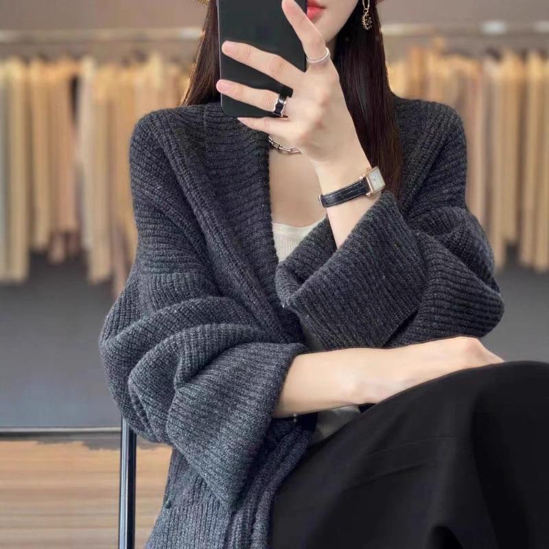 Autumn and Winter New Lapel Medium and Long Loose Cardigan Women's Solid Color Gentle and Lazy Knitted Sweater Jacket