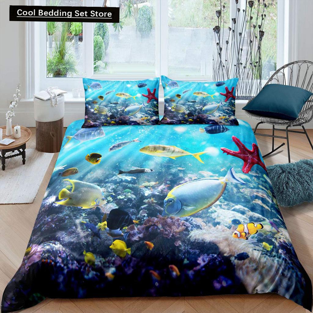 Kid Underwater World Oasis King Queen Duvet Cover Ocean Fish Coral Bedding Set Marine Life Quilt Cover Polyester Comforter Cover