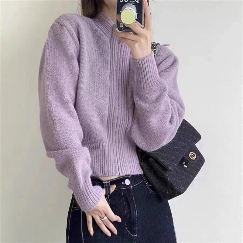 Short design zipper semi-turtleneck knitted cardigan women's small casual simple solid color sweater jacket