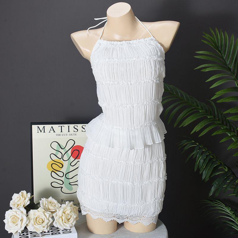 

51690 Европейский и американский сексуальный топ-бандаж с вырезами и оборками на груди, открытой спиной, юбка, женская одежда White L