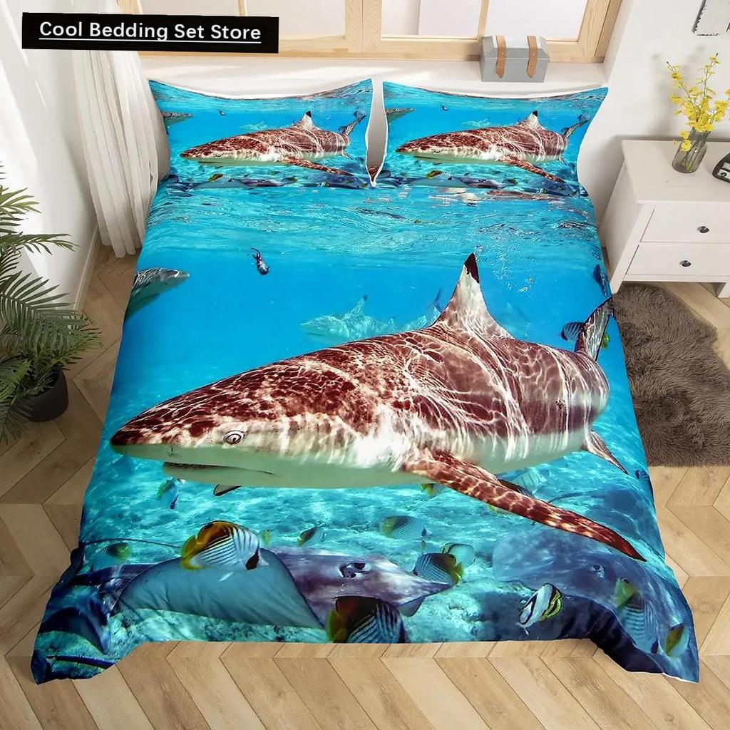 Teal Comforter Cover King Queen Ocean Spanish Mackerel Duvet Cover Nautical Underwater World Marine Life Polyester Bedding Set