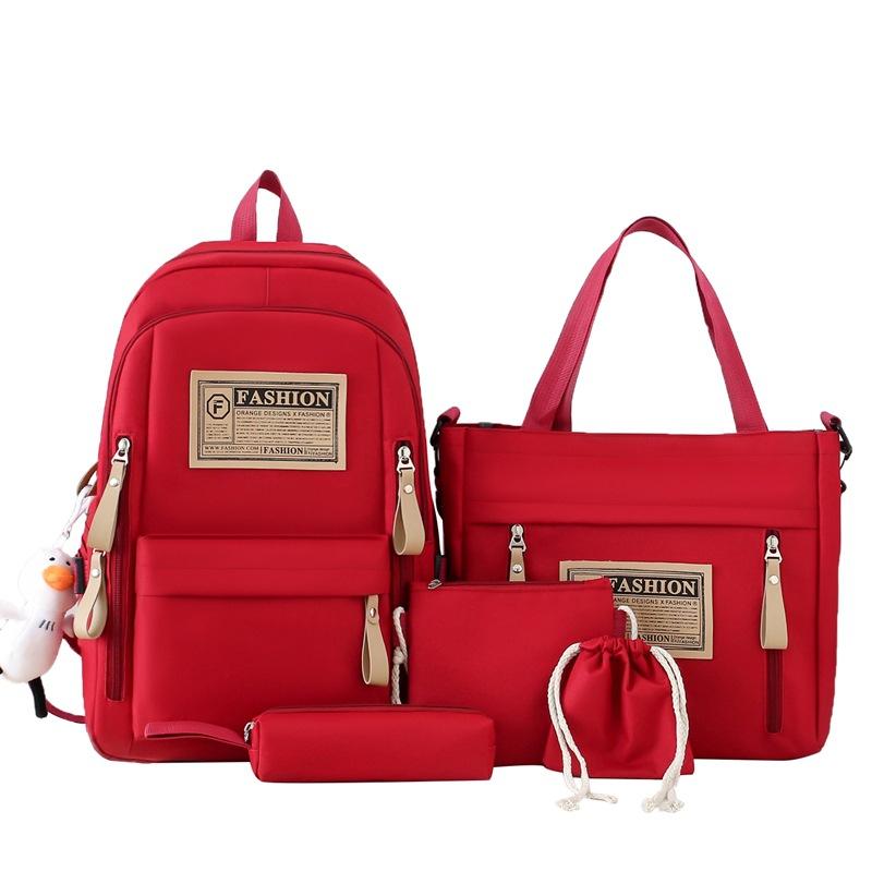 Large capacity schoolbag girls Korean version five-piece backpack high school college students large capacity backpack simple With pendant красный