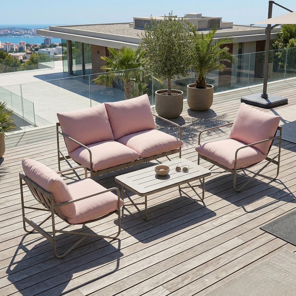 Garden Set for 4 People: Sofa, Armchairs, Table, Metal, Pink