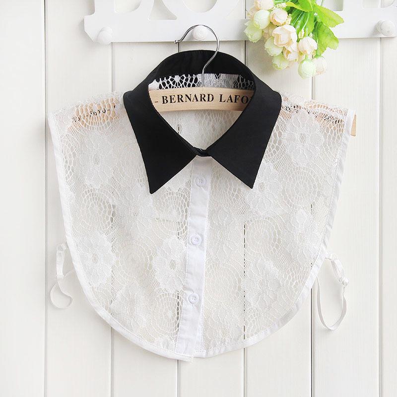 Korean Style Women s Cotton Lace Color Block Half Shirt Collar Sweater
