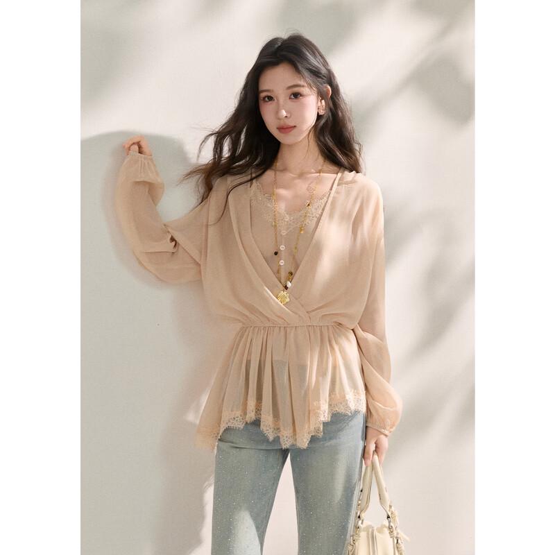 Chic Chiffon Lace-Trim Two-Piece Set L