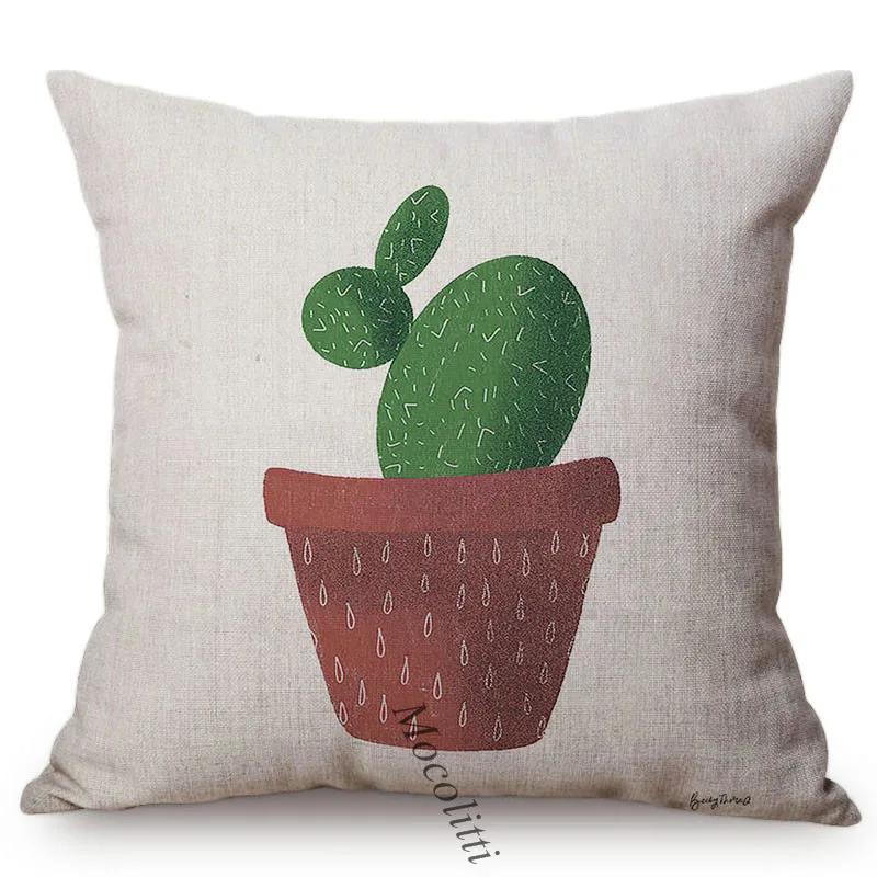 Greens Succulents Cactus Thorns Small Bonsai Design Sofa Decoration Cushion Cover Cotton Linen Office Throw Pillow Case
