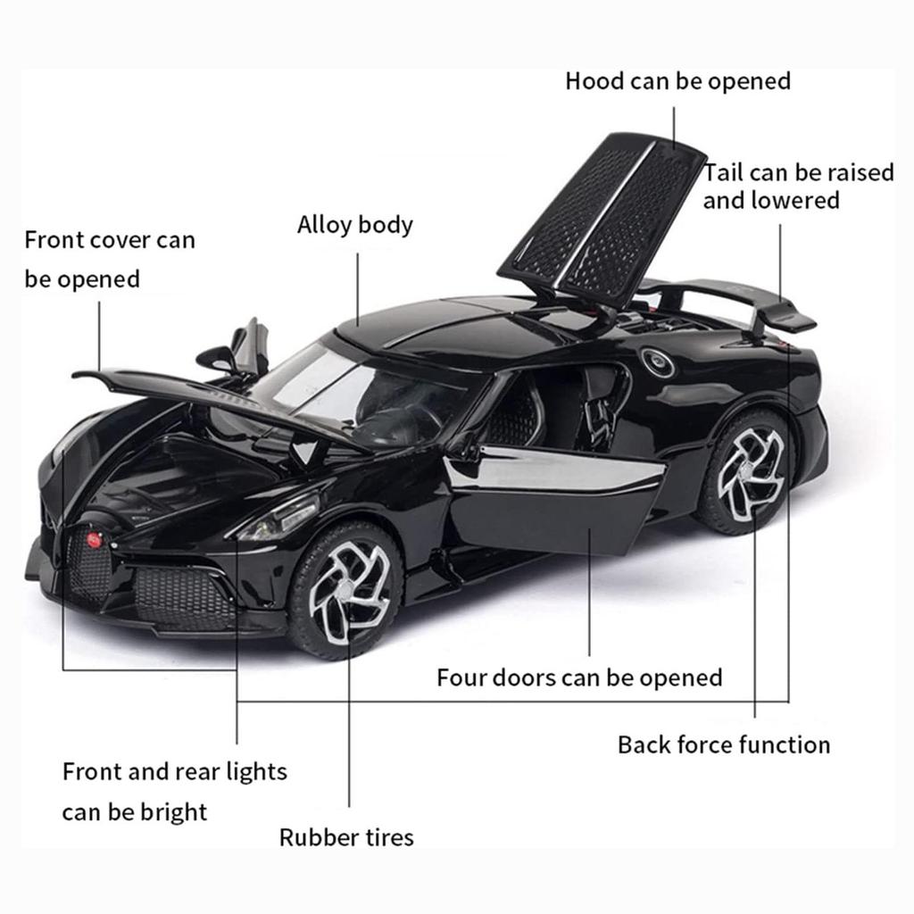 1:32 Modellautos von Bugatti La Voiture Noire, Spielzeug zum Zurückziehen aus Zinklegierung mit Ton und Licht für Kinder, Jungen und Mädchen, Fahrzeugsammlung, Nachbildung von maßstabsgetreuen Automodellen