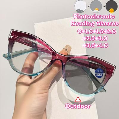 Modische Blockfarben Photochrome Lesebrille Weitsichtigkeitsbrille mit Dioptrie +1.0+2.0 Katzenaugen-Design für Männer und Frauen