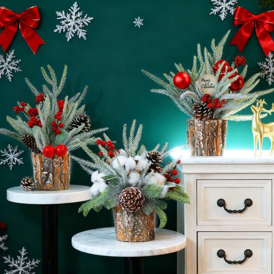 Yousheng Christmas Artificial Snowy Pine Branches with Vase Faux Pine Cone Berry Arrangement Vintage Faux Cedar Greenery Picks for Home Indoor