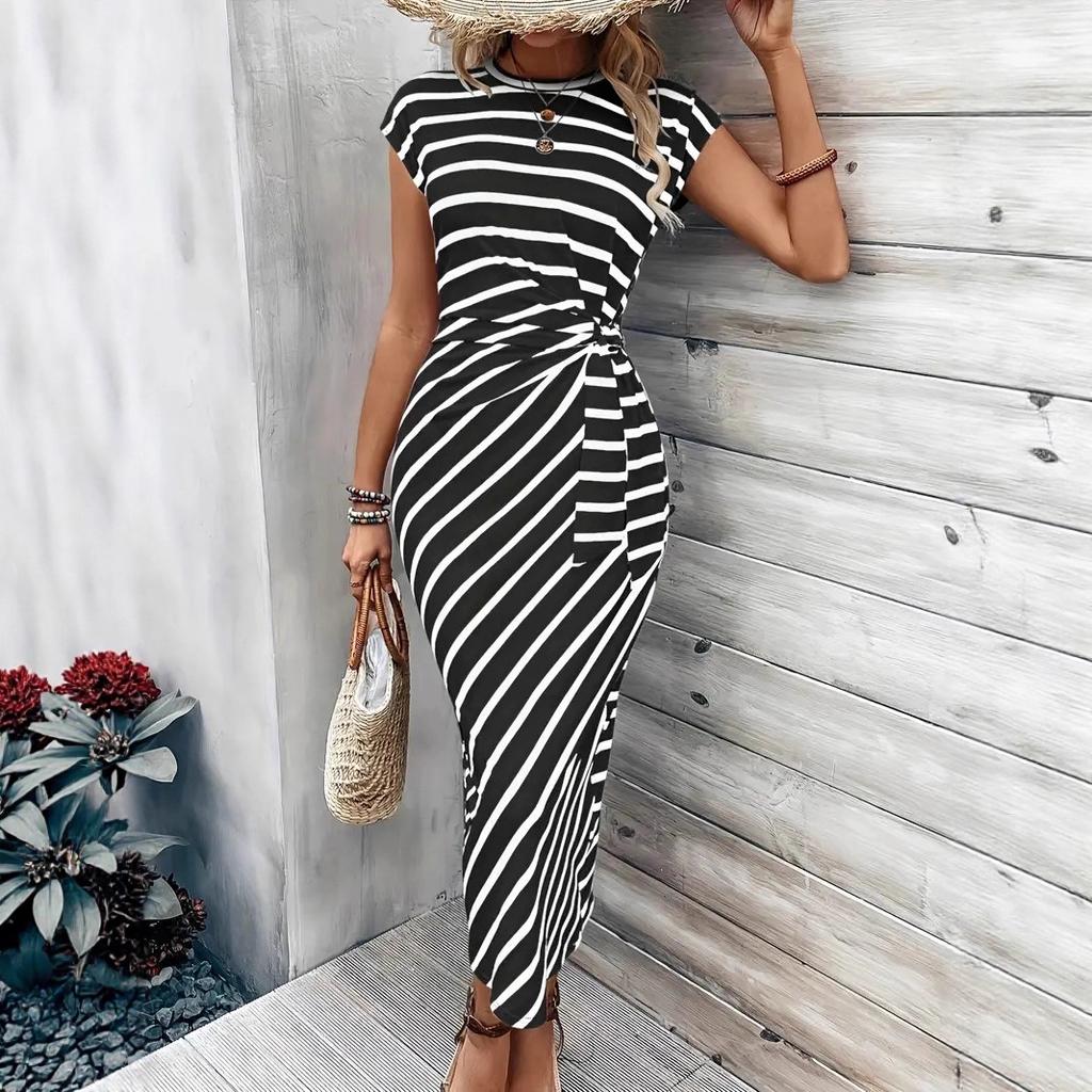 Damen Kurzarm Midi-Kleid mit diagonalen Streifen und geknoteter Taille, ausgestellt, in 6 Farben