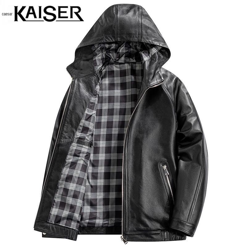 KAISER Men's Hooded Textured Cowhide Leather Jacket