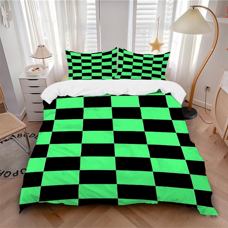 3-teiliges Bettwäsche-Set mit grün-schwarzem Karomuster für Zuhause - Universelles Dreiteiliges Set für Schlafzimmer, Gästezimmer, Wohnzimmer, Hoteldekorationen
