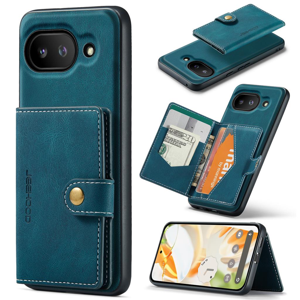 For Google Pixel 9a Case JEEHOOD J01 Retro Leather Phone Back Cover with Detachable Magnetic Card Holder