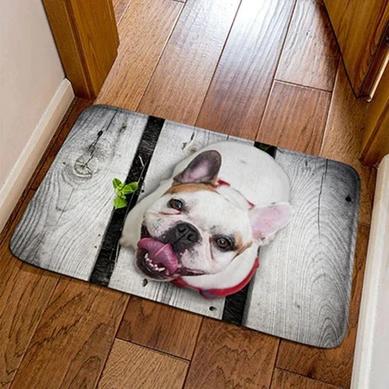 

Cute Pug Dog Door Mat Colorful Knitted Yarn Print Non-Slip Entryway Rug Boho Rainbow Knit Pet Lover Floor Mat for Front Door 40x60cm
