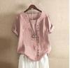 Summer Retro Solid Color Blouse Large Size Casual Loose Button Cotton and Linen Short-sleeved Pullover Round Neck T-shirt Women's Clothing