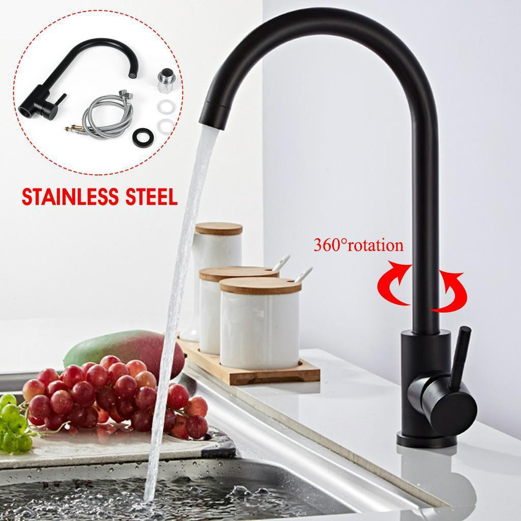 

Kitchen Stainless Steel Faucet Kitchen Sink Water Tap Hot & Cold Single Handle Tap 360 Rotation Kitchen Shower Faucet black