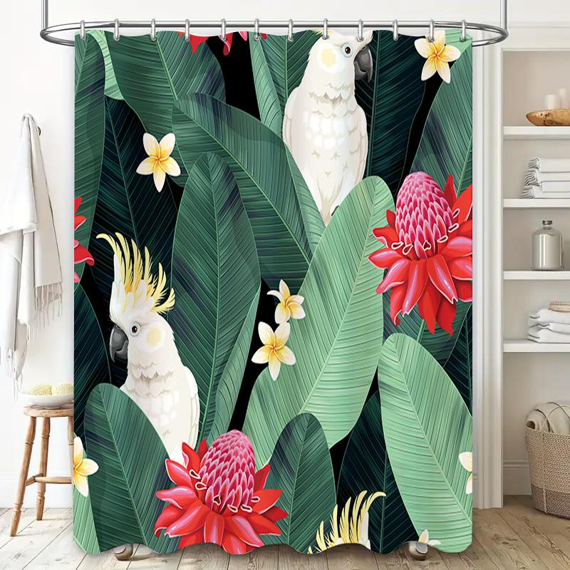 Animal Print Shower Curtain Tropical Birds Flowers Fabric Waterproof Bathroom Decor for Home Decoration White Cockatoos Red Blos