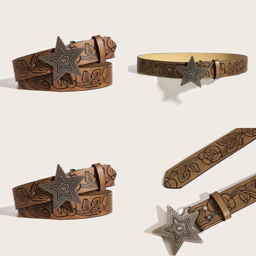 Women Faux Leather Belt With Flower Petal Print And Star Snap Button Fashion For