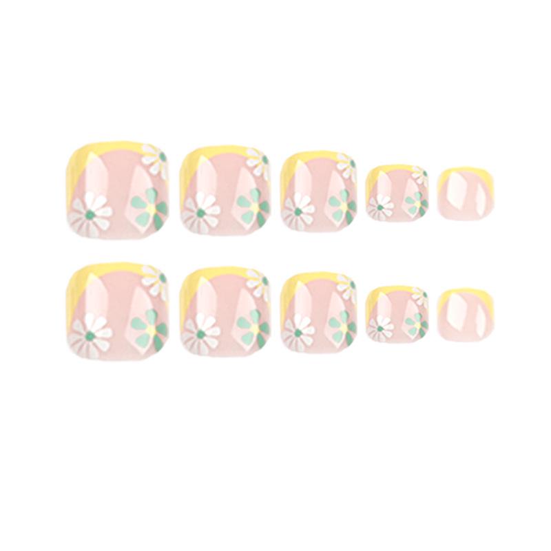 Yellow-Edged French Pedicure Nail Stickers with White & Green Flowers